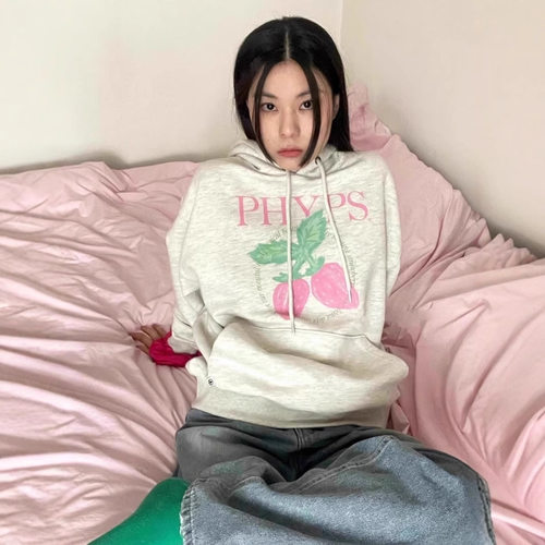 【特价现货】韩国潮牌周洁琼同款phyps复古草莓印花连帽卫衣女ins
