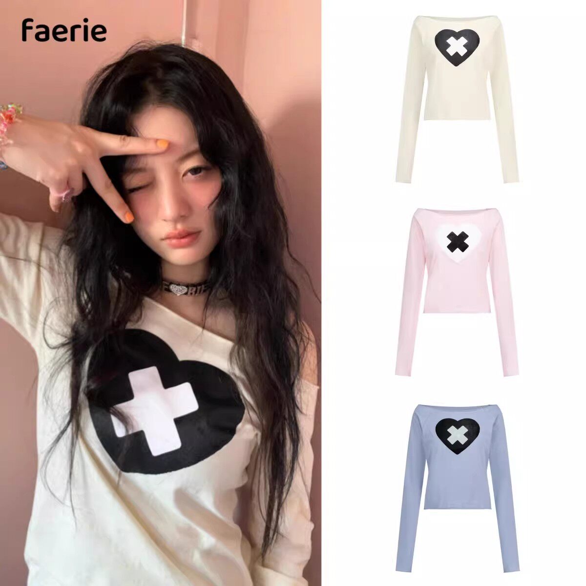 illit全员同款 faerie韩国潮牌小众 y2k甜辣风爱心露肩长袖T恤女