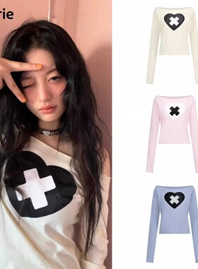 illit全员同款 faerie韩国潮牌小众 y2k甜辣风爱心露肩长袖T恤女