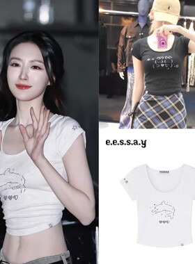 现货 叶舒华 MINJU宫胁咲良同款韩代eessay贴钻海豚兔兔短袖T恤女