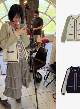 现货！aeae韩国设计师品牌学院风星星提花拼色插肩针织毛衣外套女