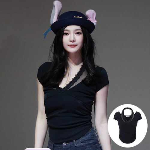 宁艺卓同款蕾丝V领短袖韩系潮流