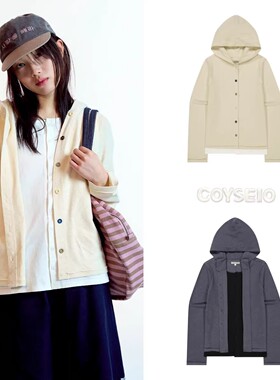 已定~26新款春季coyseio日系拼色假两件连帽开衫外套卫衣女潮上衣