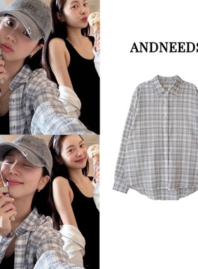 现货JISOO金智秀同款 ANDNEEDS韩国设计师品牌宽松褶皱格子衬衫女