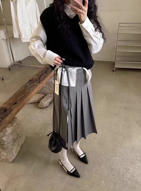 Lakeside春季新款韩国东大门潮牌同款侧开叉百褶裙半身裙韩版女款