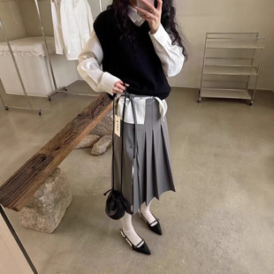 Lakeside春季新款韩国东大门潮牌同款侧开叉百褶裙半身裙韩版女款