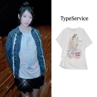 MOKA境萌花同款~25春TYPESERVICE不对称卡通兔子印花宽松短袖T恤