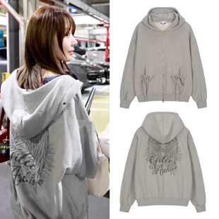 韩国代购sakura同款gila archive星星翅膀系带拉链连帽卫衣外套女