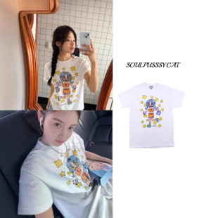 现货韩国潮牌minji 林小宅同款SOULPUSSSYCAT星星女孩宽松短袖T恤