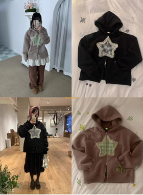 韩国潮牌fling格子星星蕾丝花边连帽卫衣宽松外套休闲帽衫女韩版