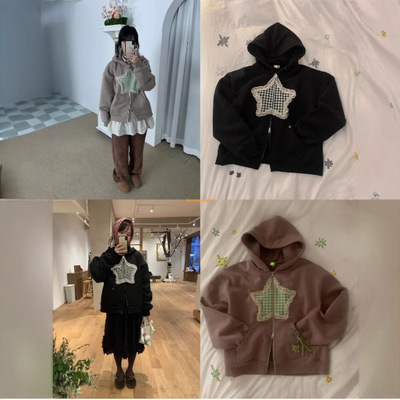 韩国潮牌fling格子星星蕾丝花边连帽卫衣宽松外套休闲帽衫女韩版