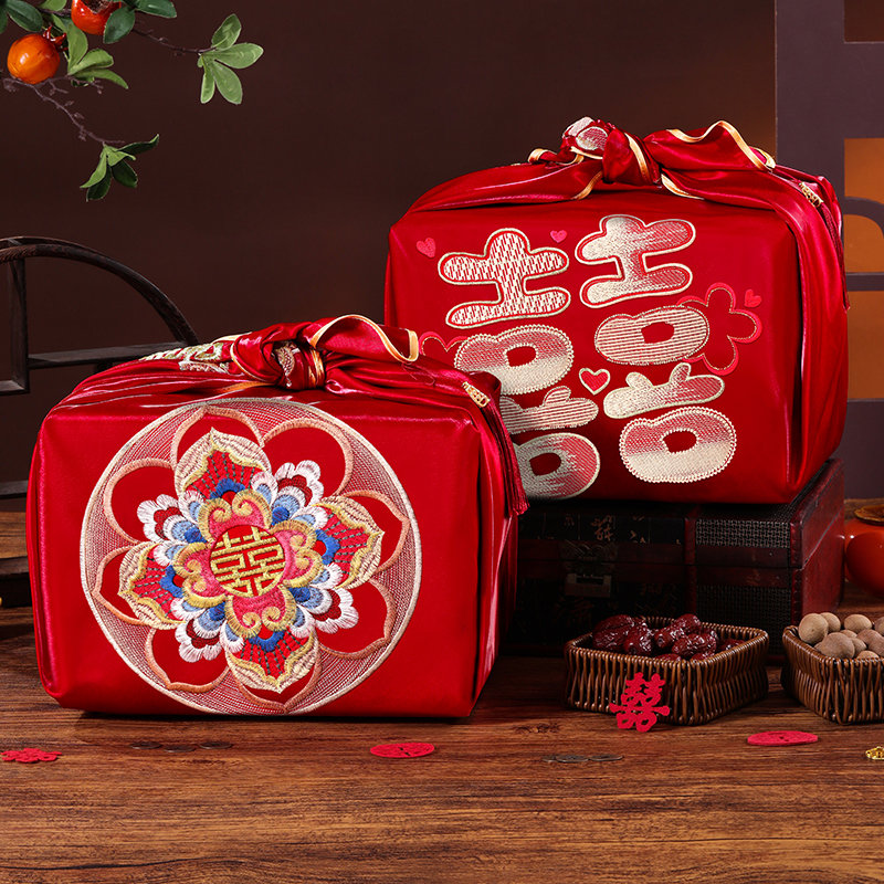 包袱皮结婚一对女方陪嫁新娘嫁妆喜盆红色刺绣包裹布婚庆用品大全