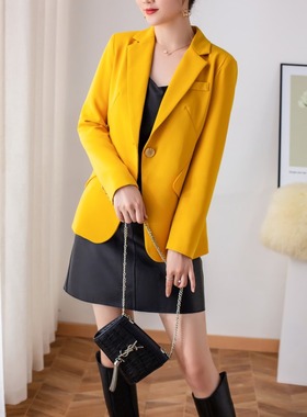 2025春OL通勤一粒扣韩版 黄色个性设计款修身女西装长袖小外套