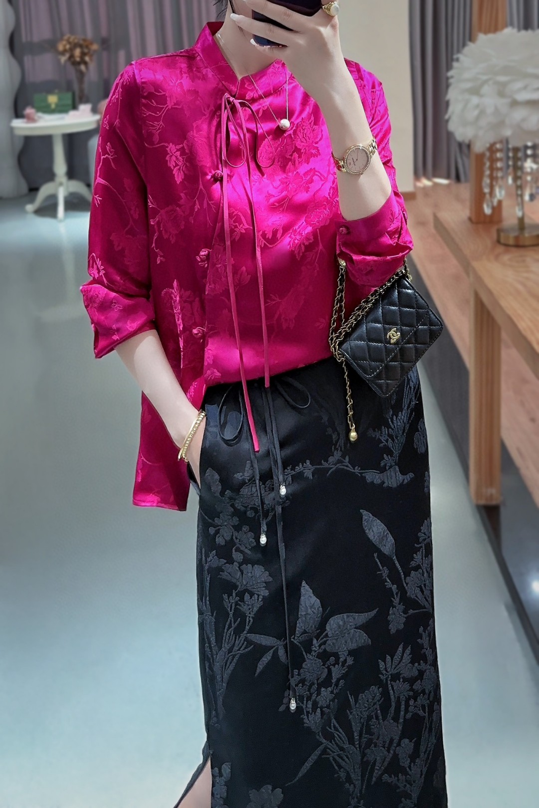 霓裳羽衣 优雅气质 玫红色真丝桑波缎暗纹提花新中式长袖女衬衫