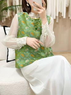 霓裳羽衣 春秋新款女装新中式国风复古绿色提花坎肩马甲盘扣上衣