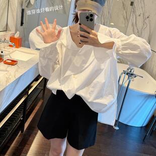 智研 韩国进口100%｜不对称高级感设计荷叶边长袖白色法式衬衫