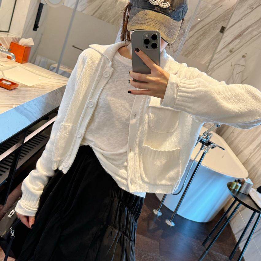 智研 韩国100%｜纯棉不掉毛短款白色三个口袋百搭通勤针织外套