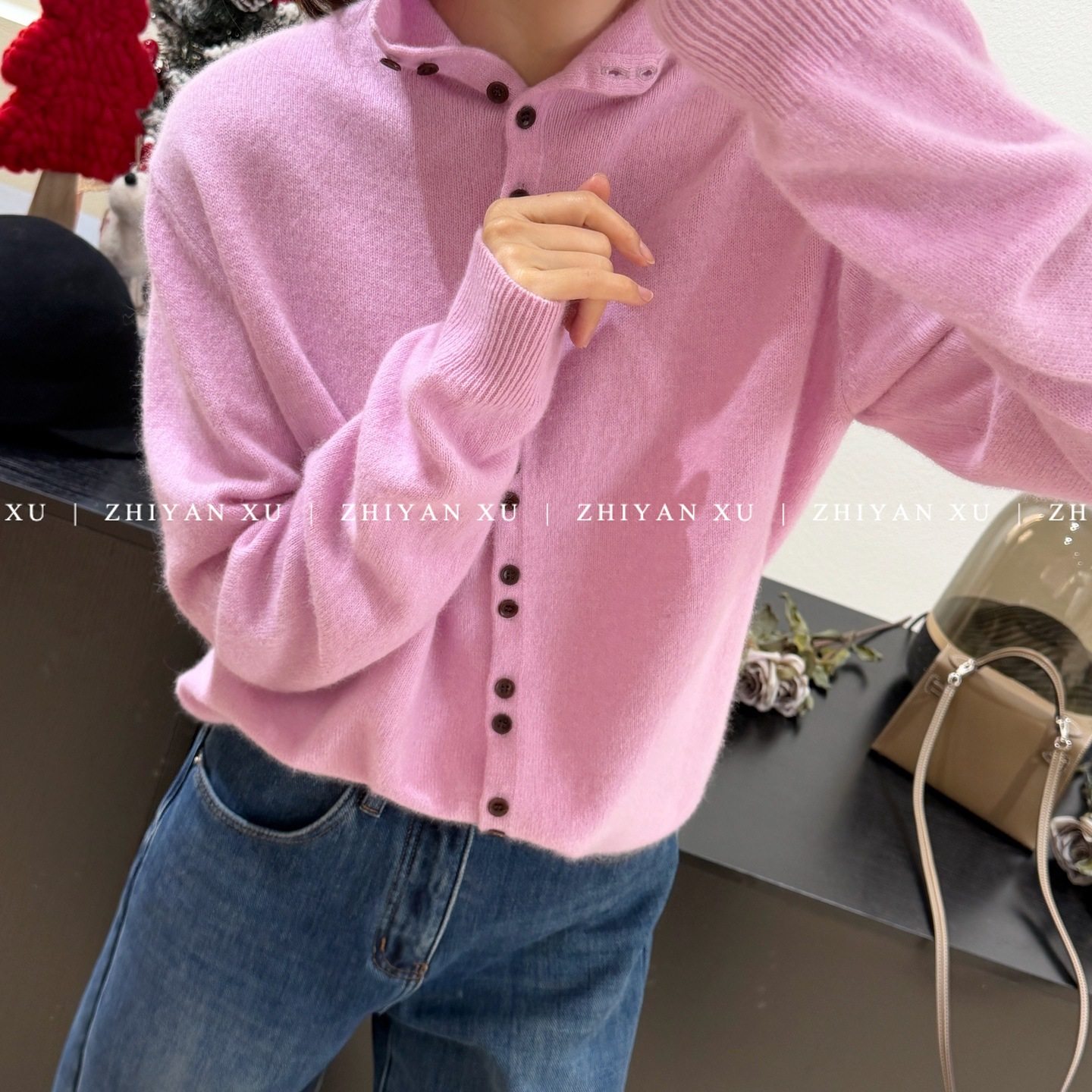 ZHIYAN XU 韩国立领薄款粉色毛衣女单排扣针织开衫简约显白25冬季,女装/女士精品,毛衣,淘宝优惠券,粉丝福利购,淘宝优惠卷