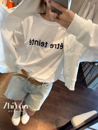 智研 韩国进口纯棉巨好看的珠子镶嵌黑字母图案圆领白色短袖t恤