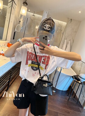 智研 韩国进口夏季轻薄纯棉红色残缺感字母印花领口红边设计休闲t