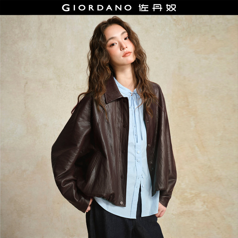 Giordano宽松插肩袖皮衣翻领