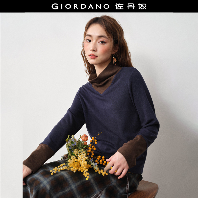 Giordano长袖拼接撞色高领T恤
