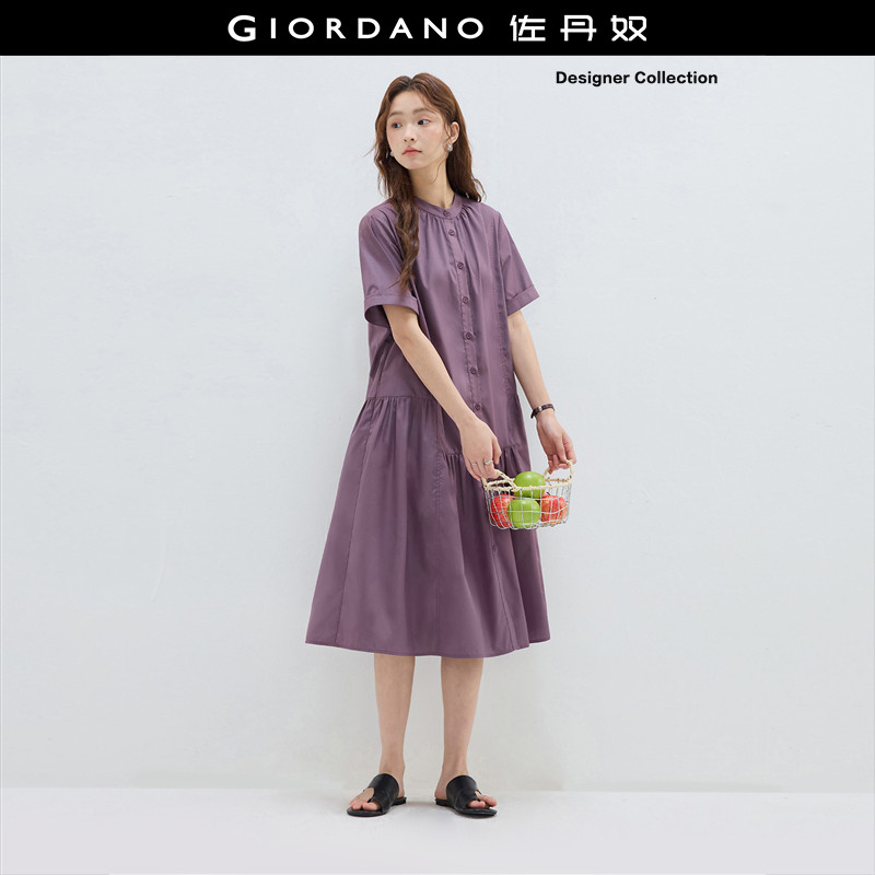 设计师款佐丹奴短袖裙子女夏季新款宽松立领紫色连衣裙女184652