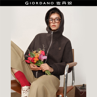 设计师款 宽松加绒立体胸章连帽拉链毛呢外套女18375921 佐丹奴新款