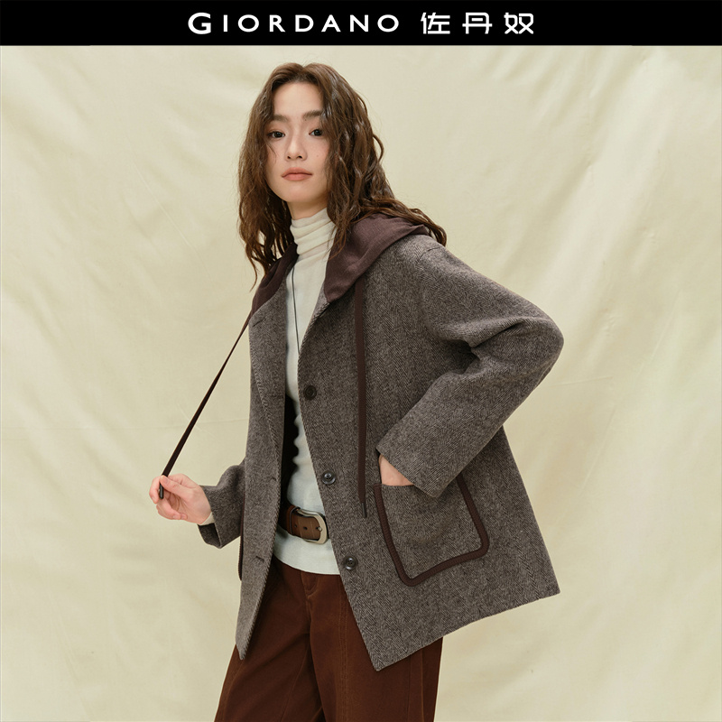 Giordano/佐丹奴毛呢外套连帽