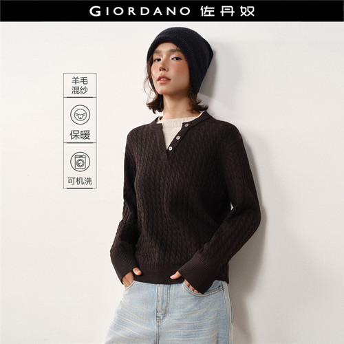 Giordano圆领套头假两件针织衫