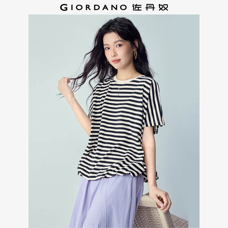 佐丹奴条纹T恤女新款纯棉花苞下摆宽松圆领蝙蝠短袖T恤女13326230