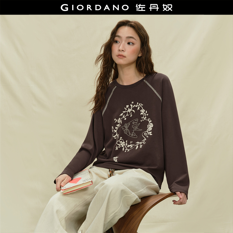 Giordano长袖燕子印绣圆领T恤