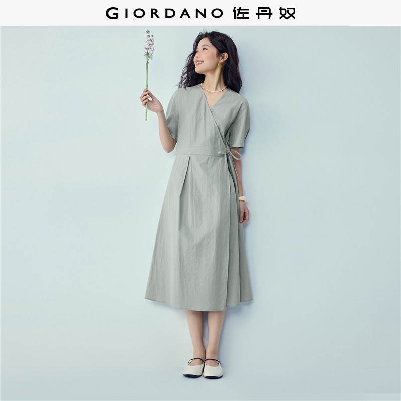 佐丹奴亚麻裙子女装夏季新款棉麻搭片绑带V领短袖连衣裙05466328