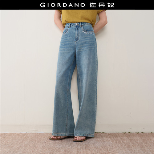 Giordano牛仔裤长裤刺绣高腰