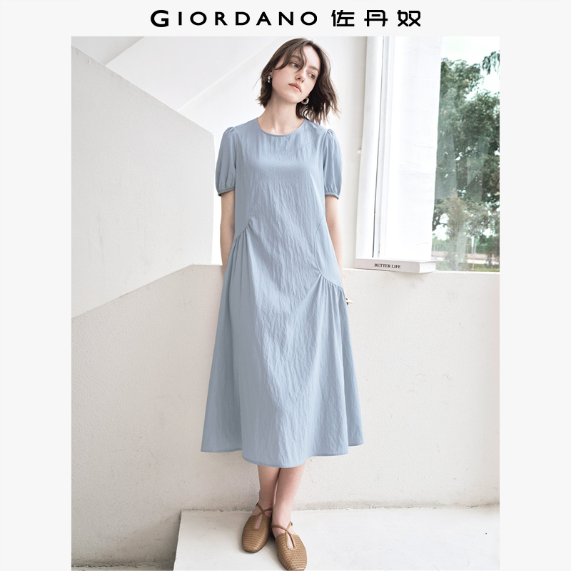 设计师款佐丹奴解构裙子女夏季绑带圆领泡泡袖连衣裙女18465518