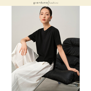 口圆领上衣02325036 GL2025夏季 新款 短袖 T恤女纯色纯棉拼接蕾丝袖