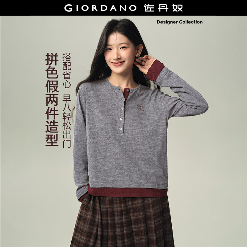 设计师款佐丹奴假两件亨利衫女撞色刺绣亨利领长袖T恤女183268
