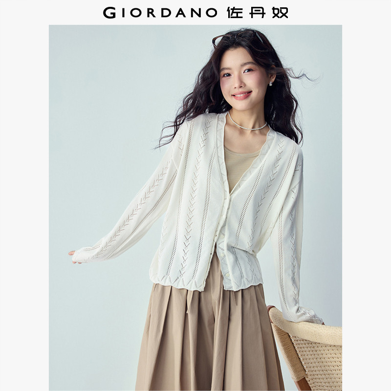 佐丹奴镂空针织衫女装2026年春波浪边V领开衫宽松小外套13356217,女装/女士精品,毛针织衫,淘宝优惠券,粉丝福利购,淘宝优惠卷