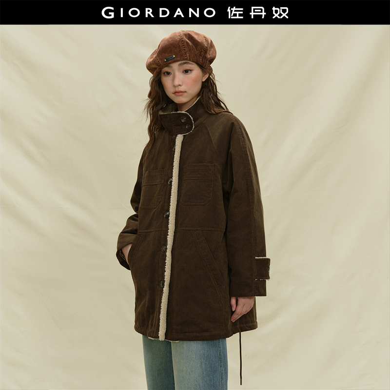 设计师款佐丹奴灯芯绒拼接仿羊羔绒立领中长款夹棉外套女18375217