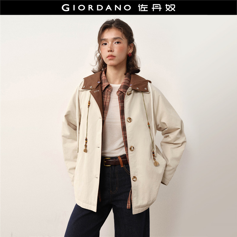 设计师款佐丹奴女装纯棉可卸帽宽松中长款大翻领棉衣外套18375824