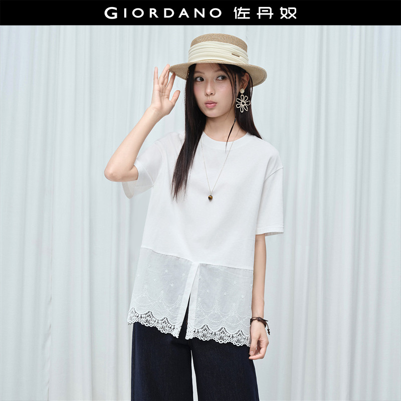 设计师款佐丹奴夏季新款拼接绣花下摆宽松圆领短袖T恤女18326705 - 实物图