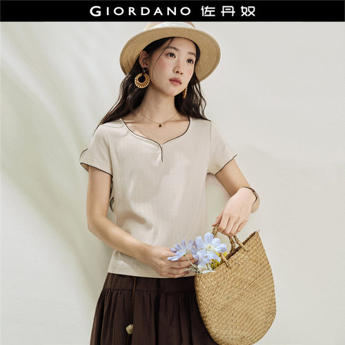 Giordano短袖提花撞色鸡心领T恤