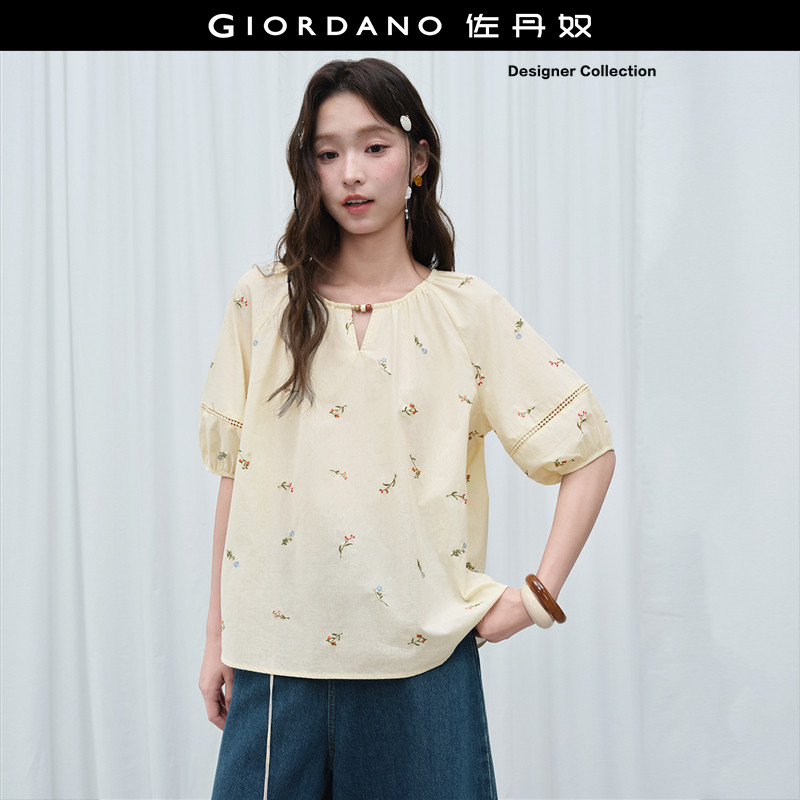 设计师款佐丹奴衬衫女夏季新款宽松绣花串珠圆领中袖上衣18346718