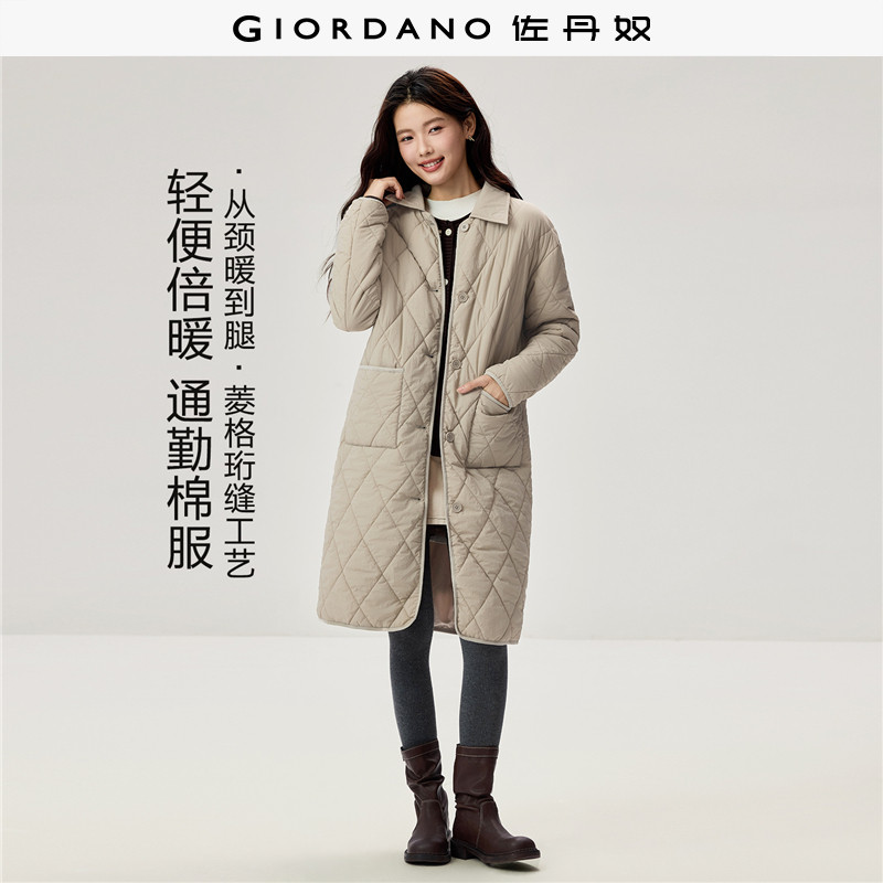 佐丹奴棉服女2026秋冬新款保暖菱形格中长款翻领棉衣外套13376650