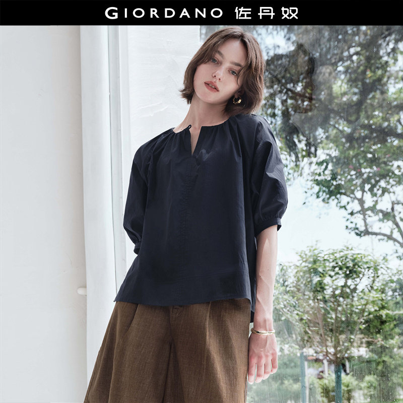 设计师款佐丹奴五分袖衬衫女夏季宽松收褶中袖圆领衬衫女18345611