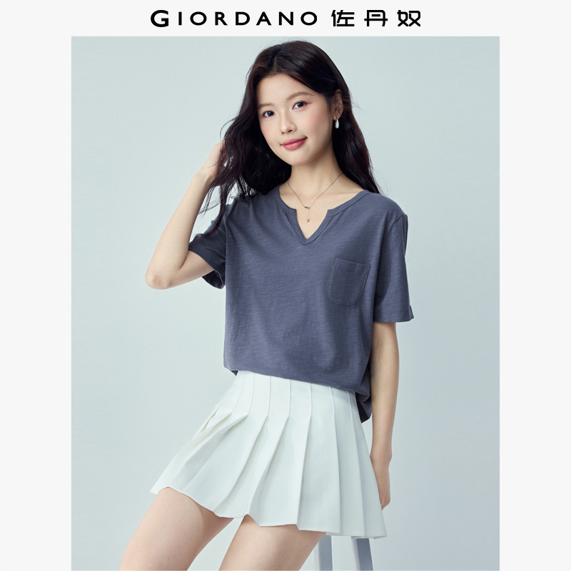 佐丹奴短袖T恤女2026年夏季新款竹节纯棉口袋宽松V领上衣13326249