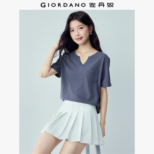 佐丹奴短袖T恤女2026年夏季新款竹节纯棉口袋宽松V领上衣13326249