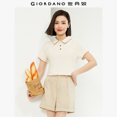 女弹力坑条撞色波浪边修身 佐丹奴短袖 Polo衫 翻领针织上衣13314213