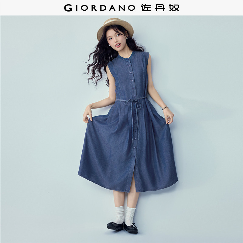 佐丹奴无袖裙子女夏季莱赛尔牛仔压褶圆领绑带背心连衣裙13466274