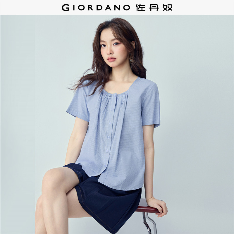 佐丹奴衬衫女装纯棉细格纹收褶方领梭织短袖衬衫 05346483